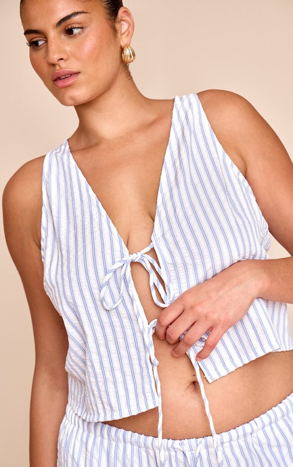 Plus Blue Tie Front Striped Sleeveless Top