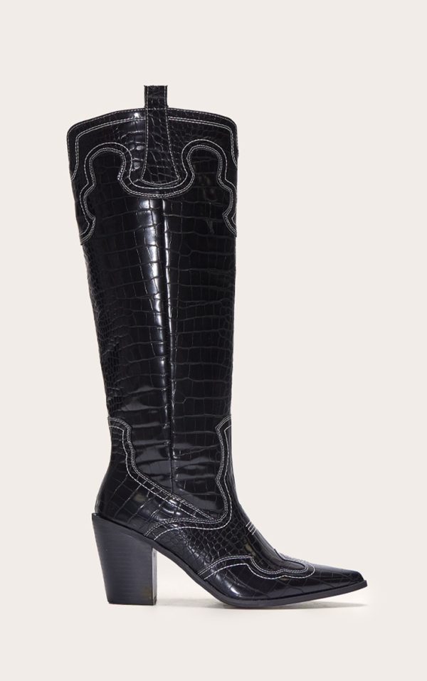 Black Croc Pu Point Toe Western Stitch Knee High Block Heeled Boots
