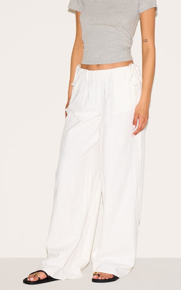Tall White Premium Linen Look Side Tie Detail Wide Leg Pants