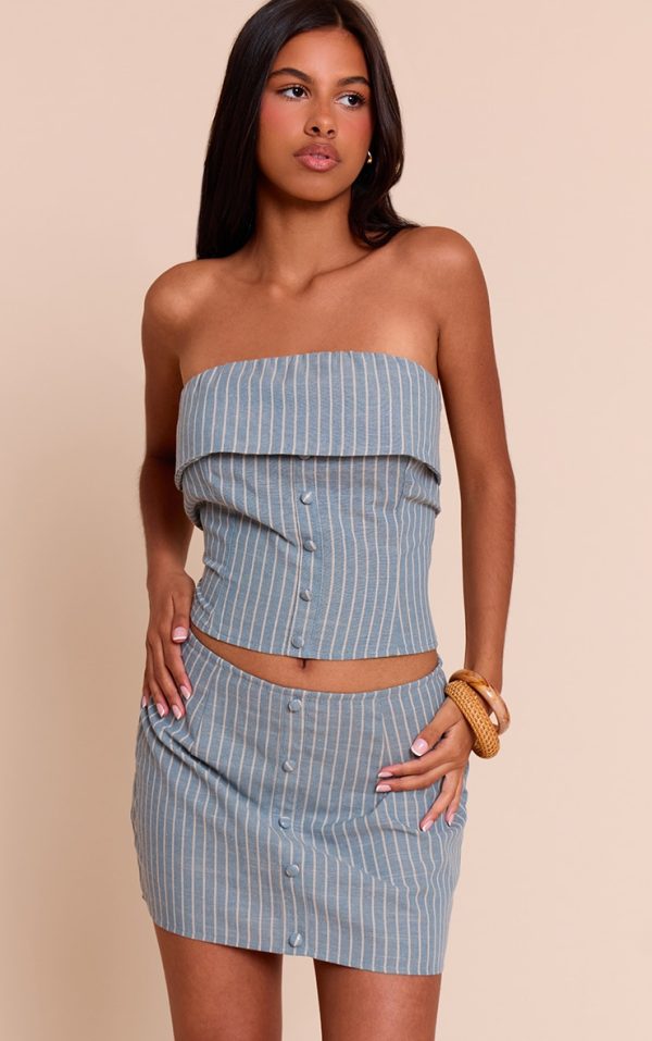 Petite Blue Pinstripe Button Up Bandeau Top