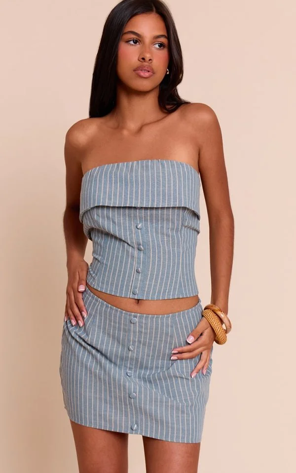 Petite Blue Pinstripe Button Up Bandeau Top