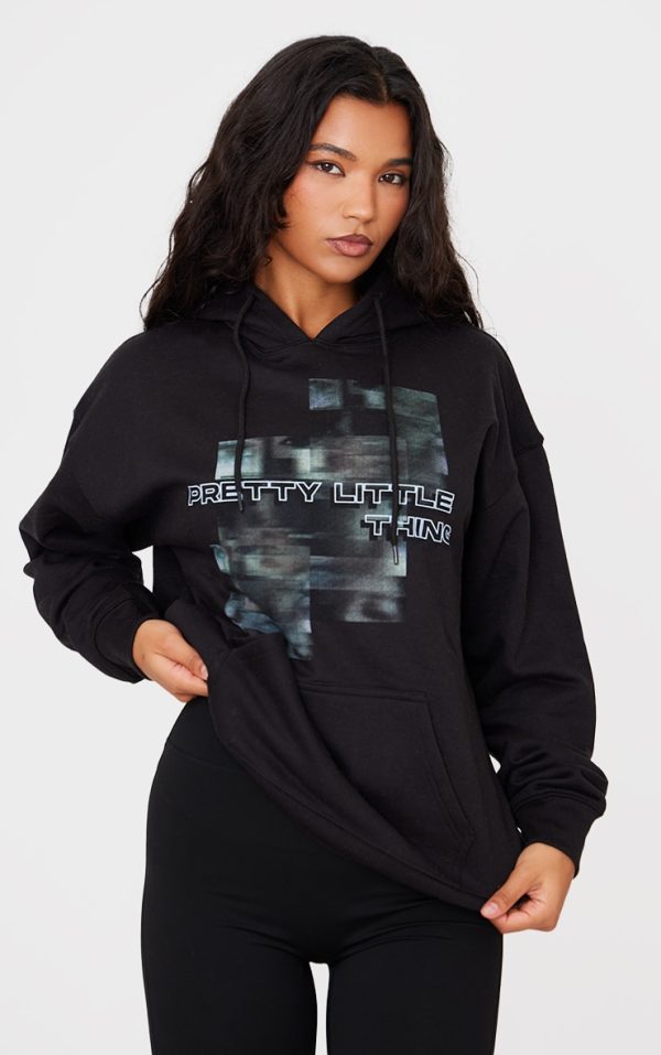 PRETTYLITTLETHING Black Blurred Print Hoodie