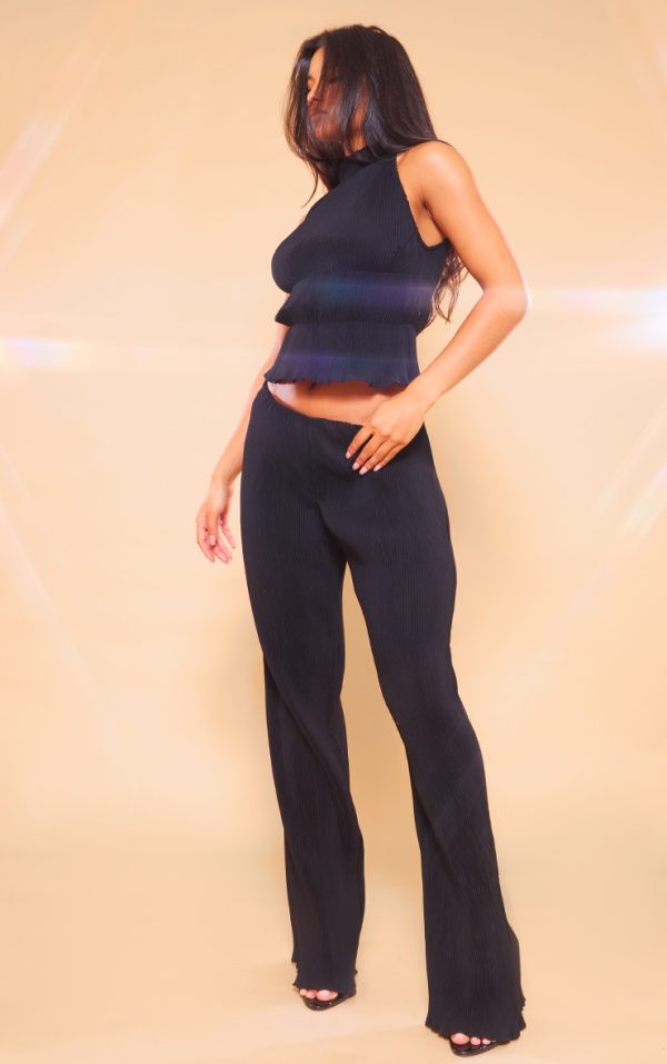Black Plisse Woven Wide Leg Pants