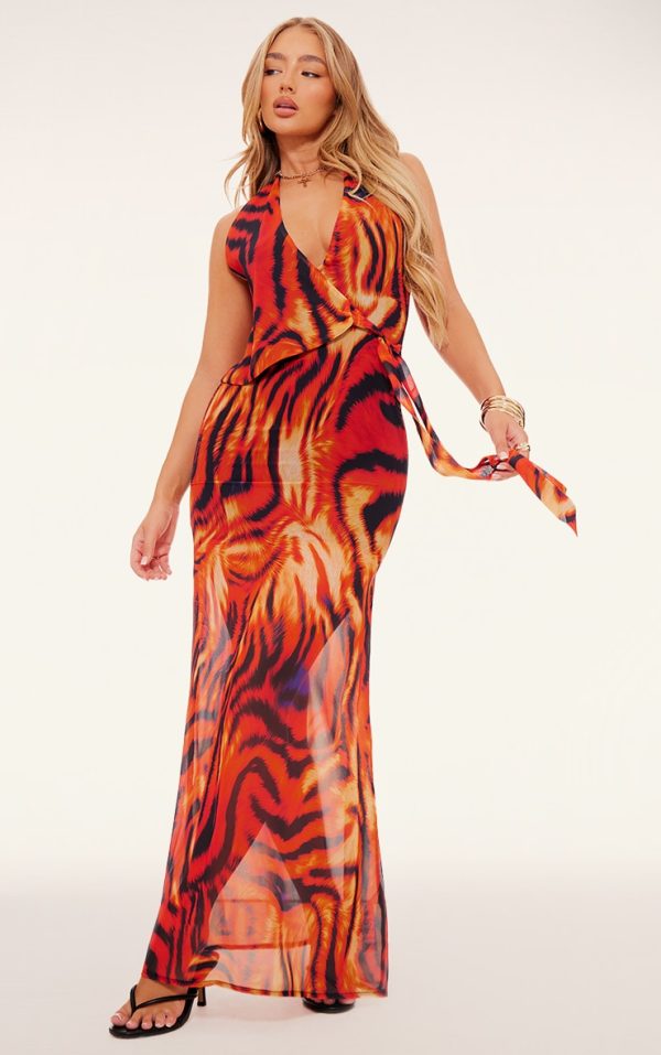 Orange Print Chiffon Wrap Maxi Dress