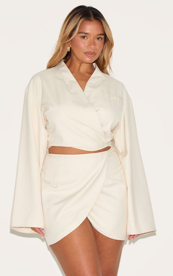 Shape White Tailored Wrap Ver Flared Sleeve Cropped Blazer Top