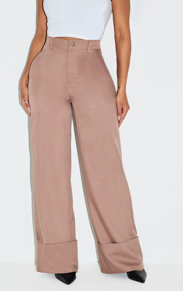 Shape Taupe High Waisted Tailored Turn Up Hem Wide Leg Pants