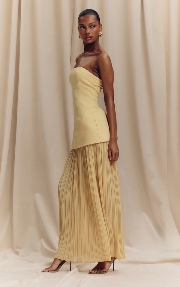 Lemon Bandeau Pleated Chiffon Skirt Panel Maxi Dress