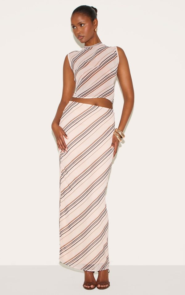 Brown Sheer Striped Chiffon Maxi Skirt