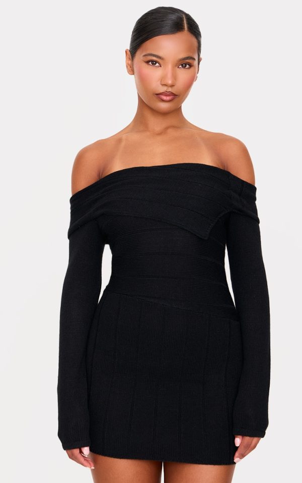 Black Asymmetric Knit Fold Over Mini Dress
