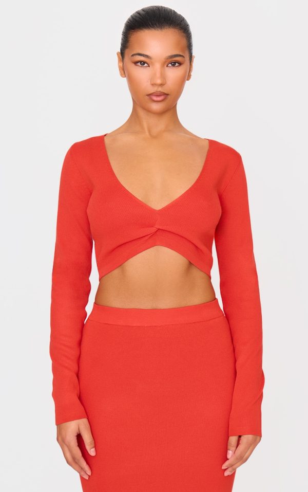 Red Soft Rib Knit Twist Front Long Sleeve Top