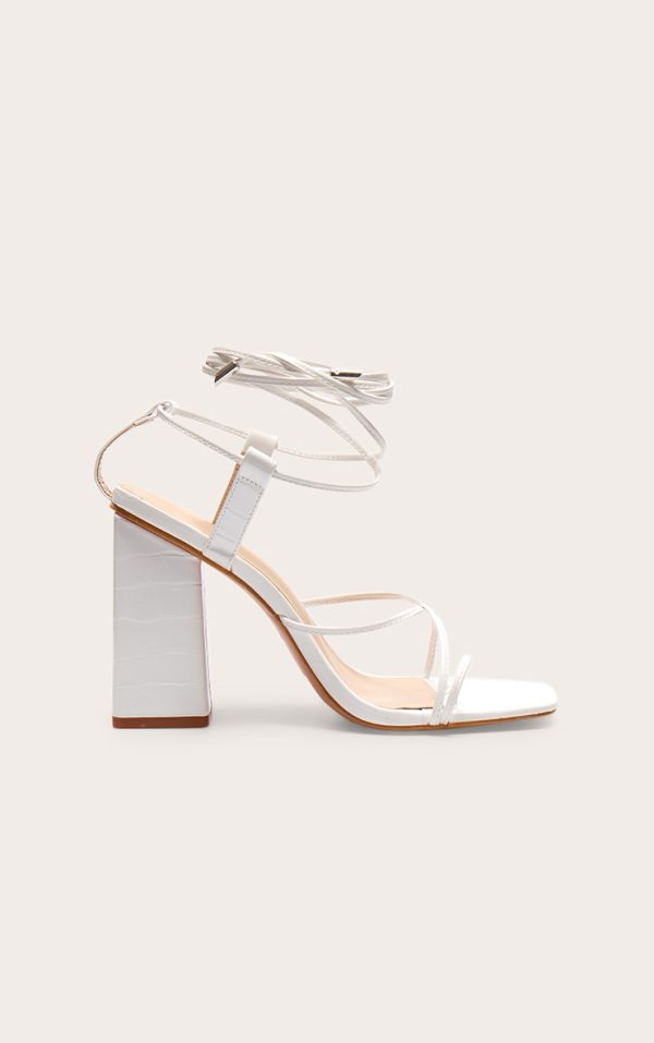 White Wide Fit Toe Loop Ankle Tie Chunky Block Heel Sandals