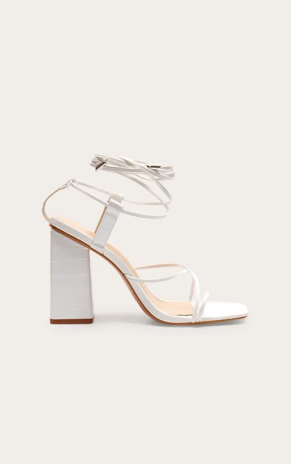 White Wide Fit Toe Loop Ankle Tie Chunky Block Heel Sandals