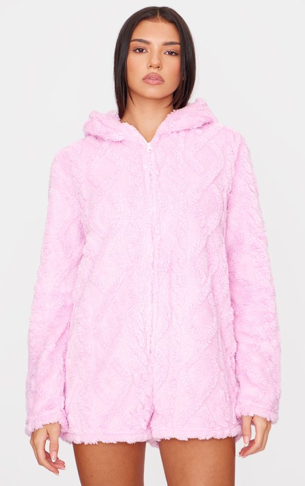Pink Cable Fleece Hooded Romper