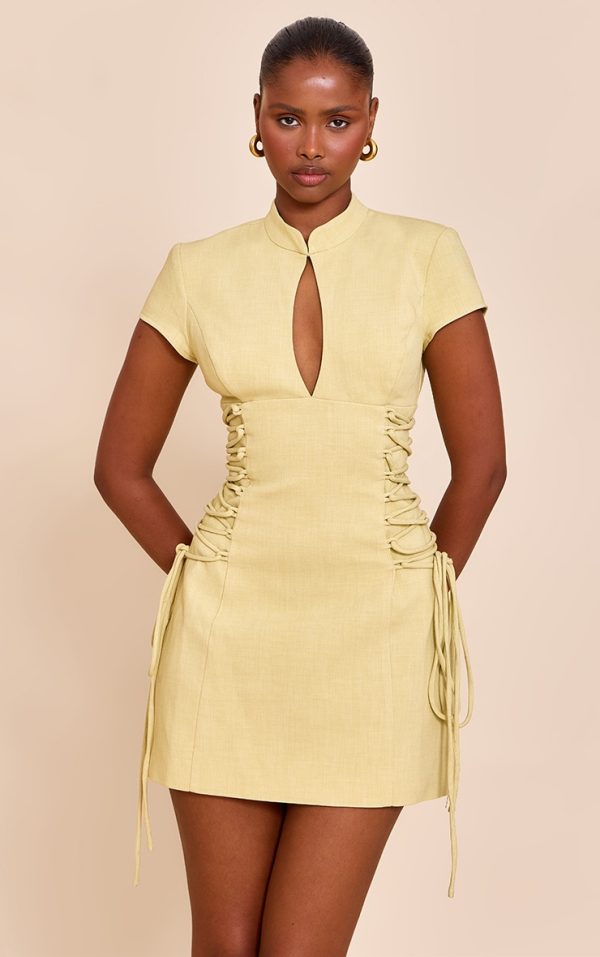 PLT Label Pale Lime Tailored Band Collar Lace Up A-line Dress