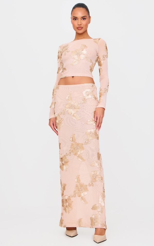 Champagne  Floral Jacquard Maxi Skirt