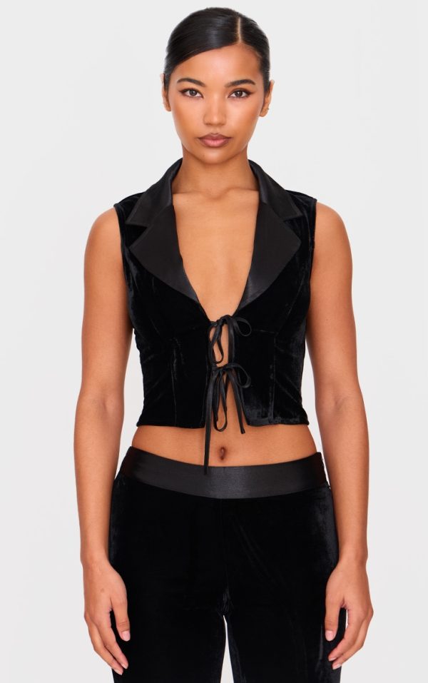 Black Velvet Tie Front Vest