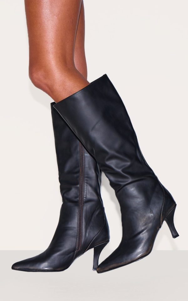 Black Burnish Wide Fit Pu Point Toe High Stiletto Heel Knee High Boots