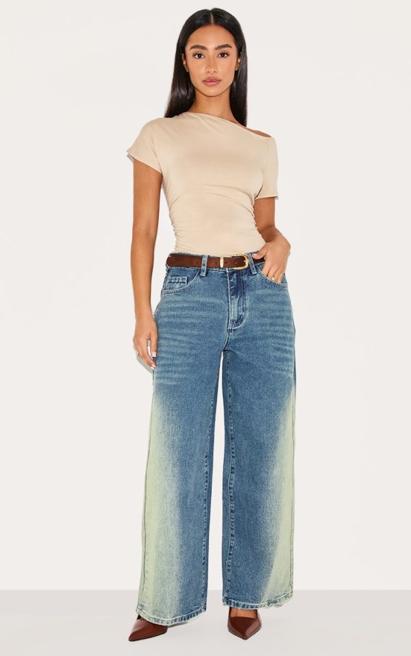 Petite Washed Blue Denim Two Tone Wide Leg Jeans