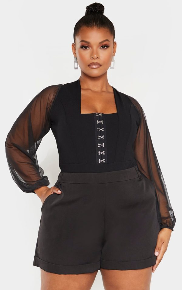 Plus Black Eyelet Detail Mesh Sleeve Bodysuit