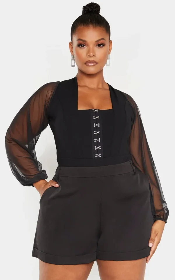 Plus Black Eyelet Detail Mesh Sleeve Bodysuit