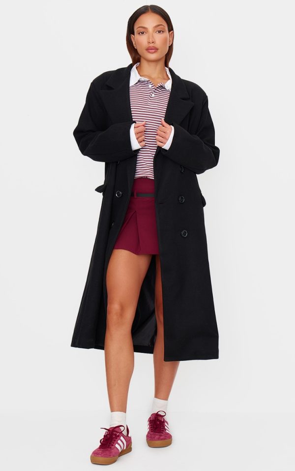 Black Double Breasted Wool Look Overcoat