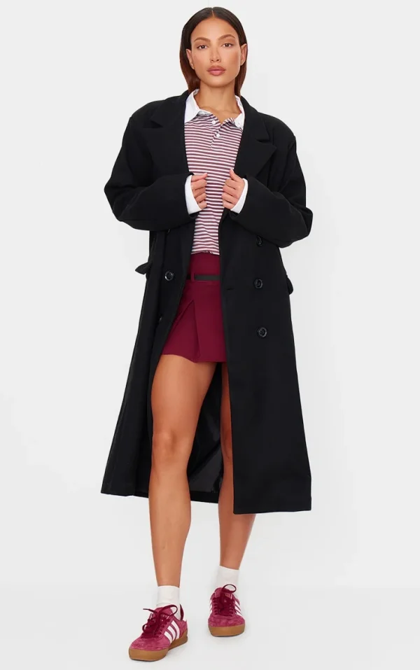 Black Double Breasted Wool Look Overcoat