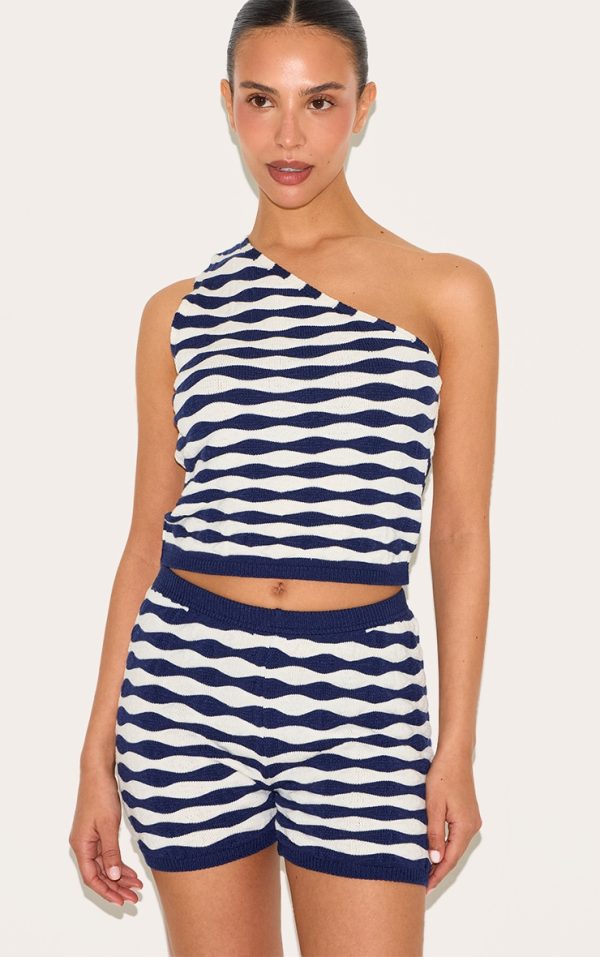 Petite Navy Knitted Striped Shorts