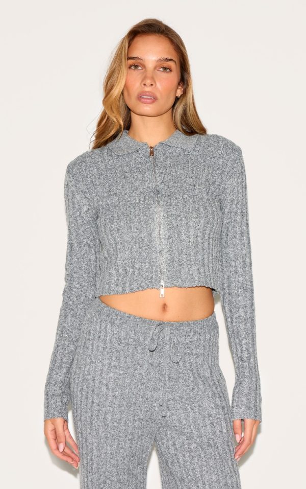 Charcoal Marl Knitted Dipped Hem Cropped Zip Up Top