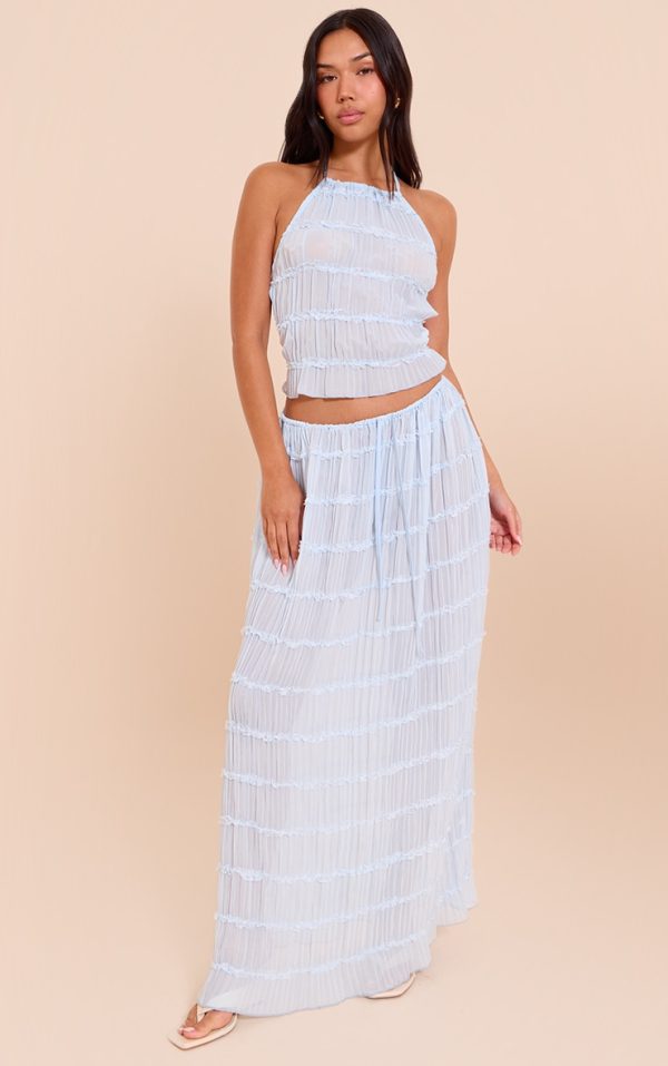 Light Blue Chiffon Ruched Frill Detail Tiered Maxi Skirt