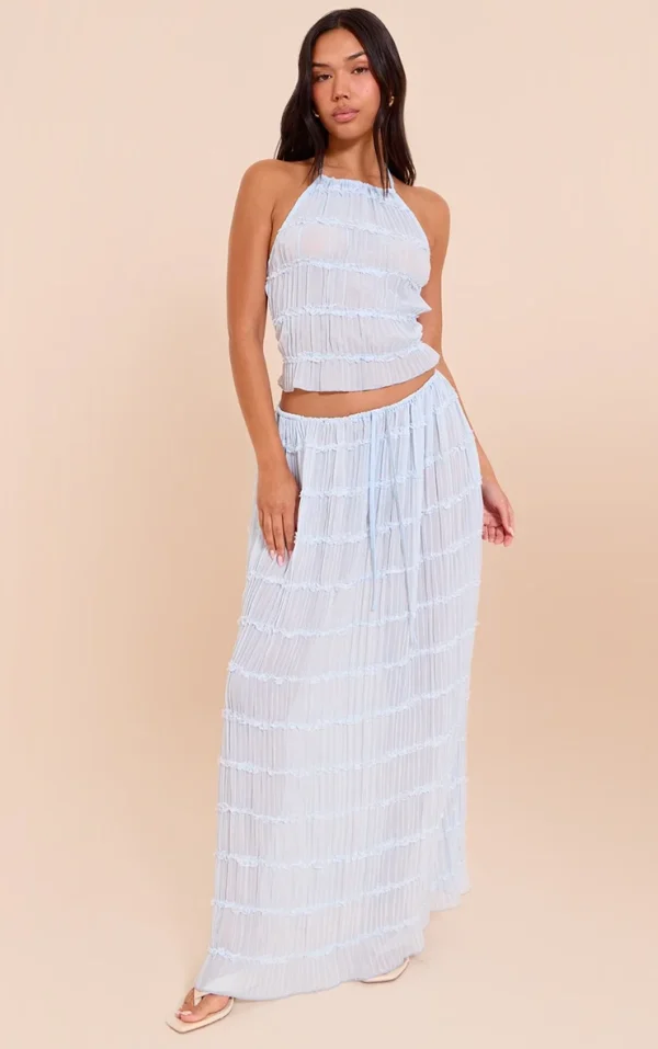 Light Blue Chiffon Ruched Frill Detail Tiered Maxi Skirt