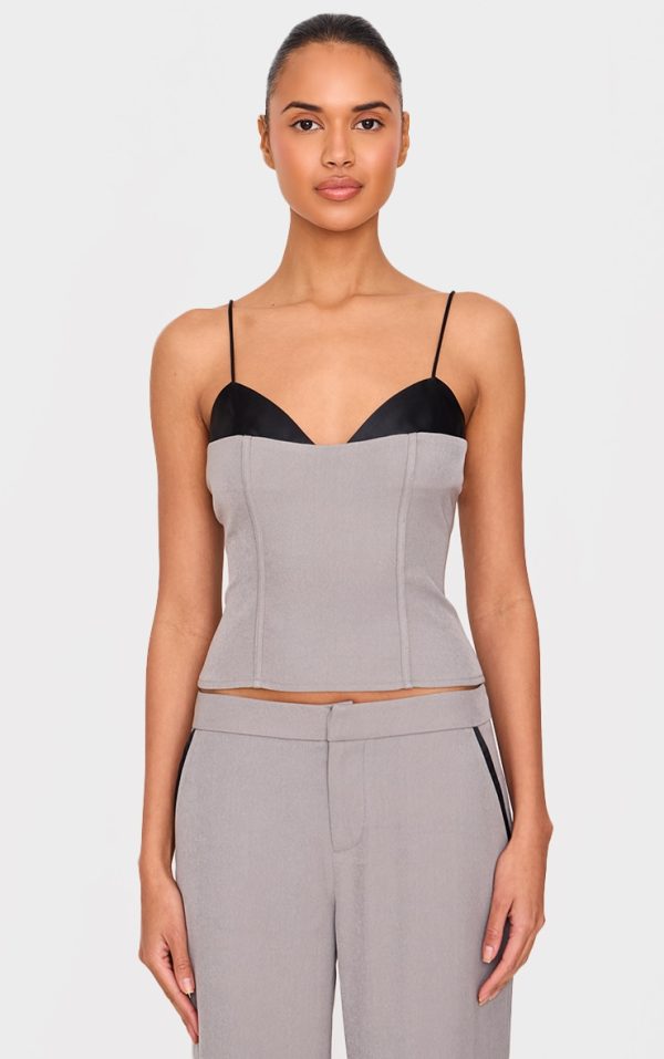 Grey Woven Tailored Satin Bust Contrast Cami Top