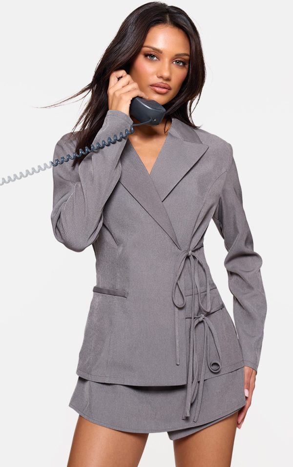 Charcoal Premium Tailored Woven Wrap Front Romper
