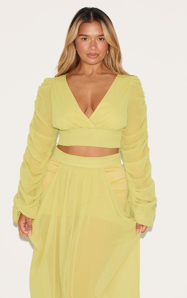 Shape Lime Chiffon Balloon Sleeve Plunge Front Cinched Waist Blouse