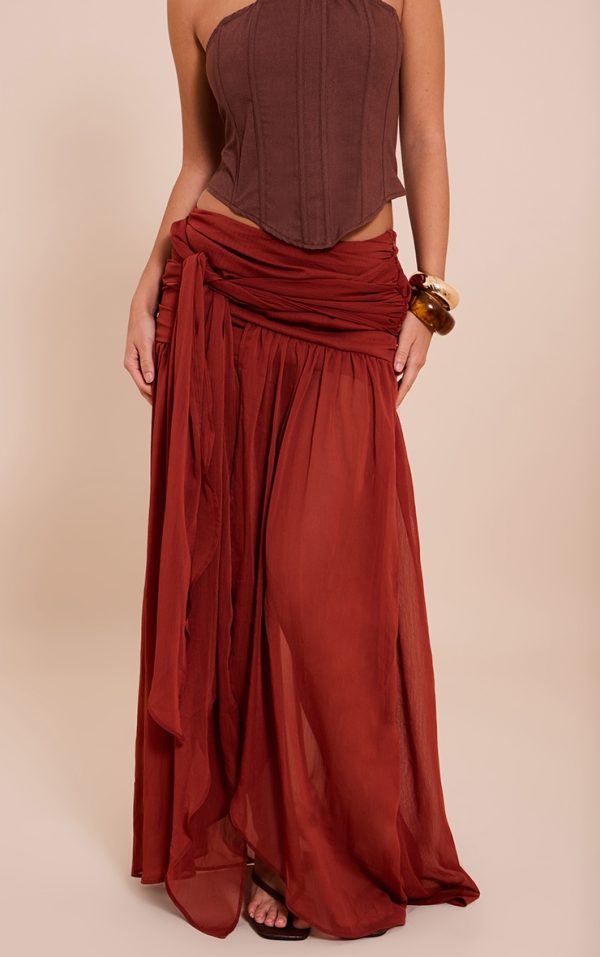 Rust Chiffon Lined Tie Front Maxi Skirt