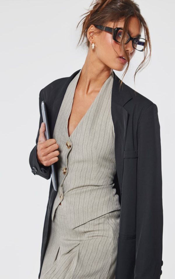 Taupe Tailored Woven Herringbone Halterneck Top