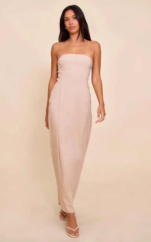 Stone Stretch Woven Bandeau Column Maxi Dress