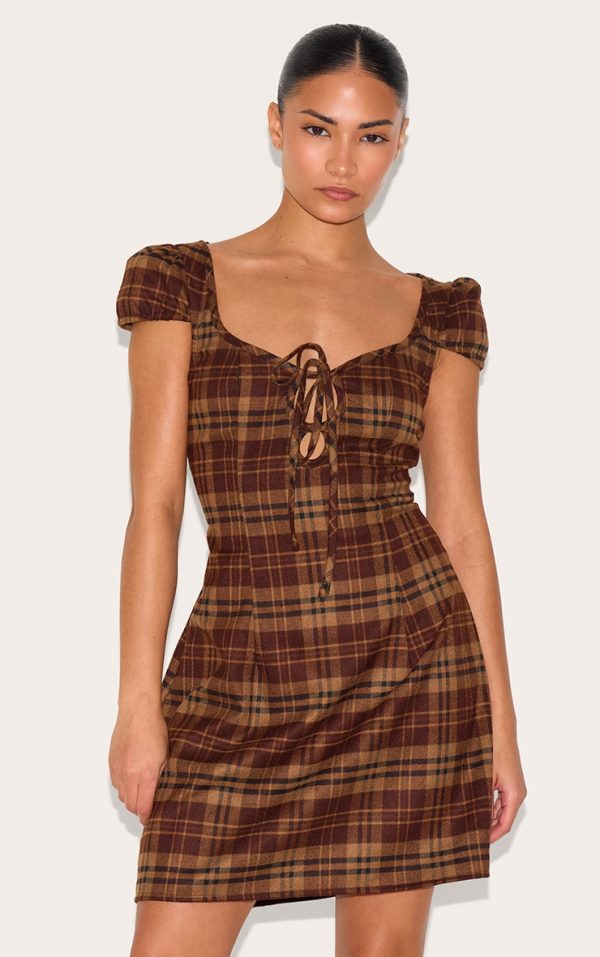 Petite Brown Checked Front Tie Mini Dress