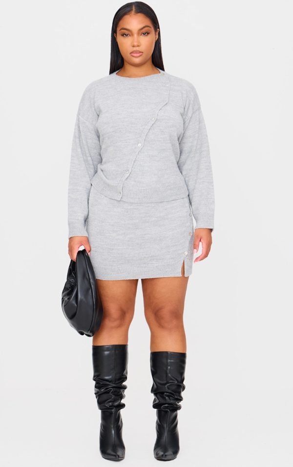 Plus Light Grey Asymmetric Fluffy Yarn Mini Skirt