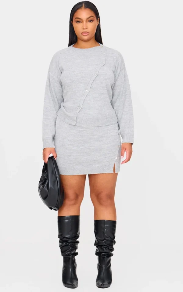 Plus Light Grey Asymmetric Fluffy Yarn Mini Skirt
