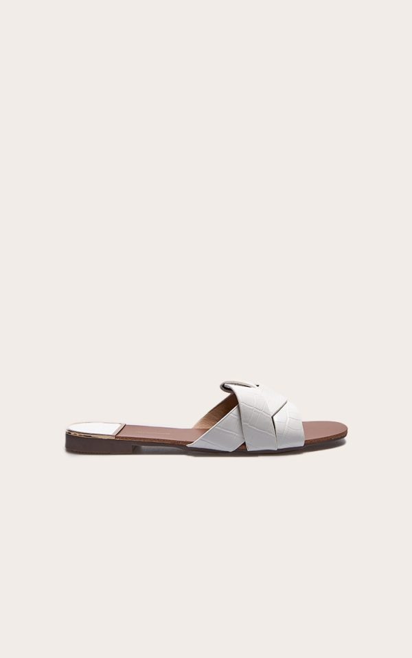 White Croc PU Strap Over Flat Sandals