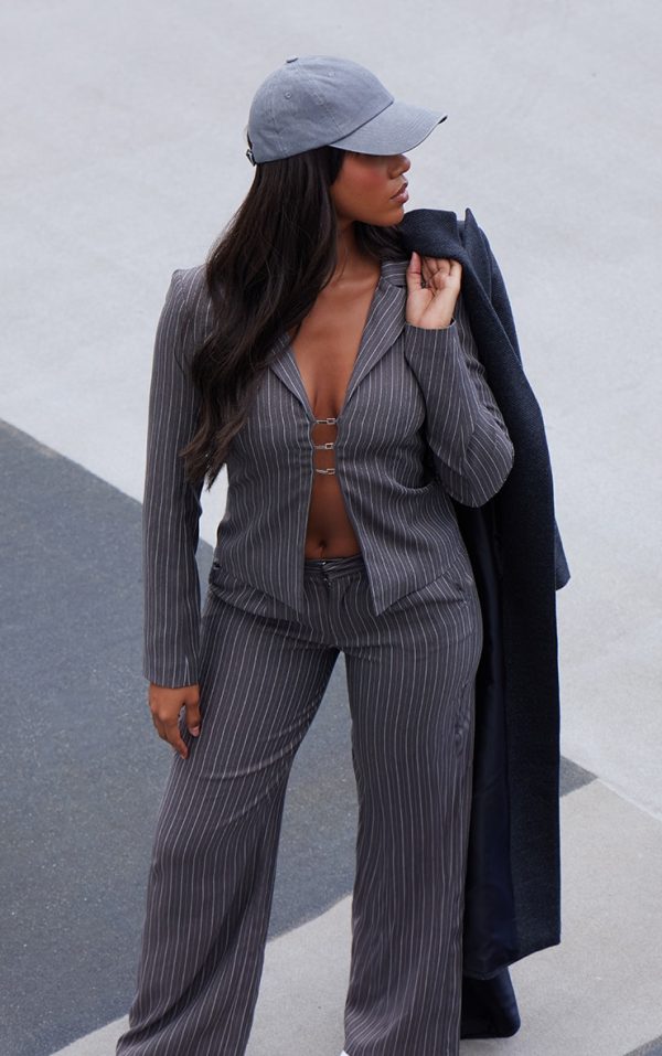 Dark Grey Open Front Pinstripe Fitted Shirt