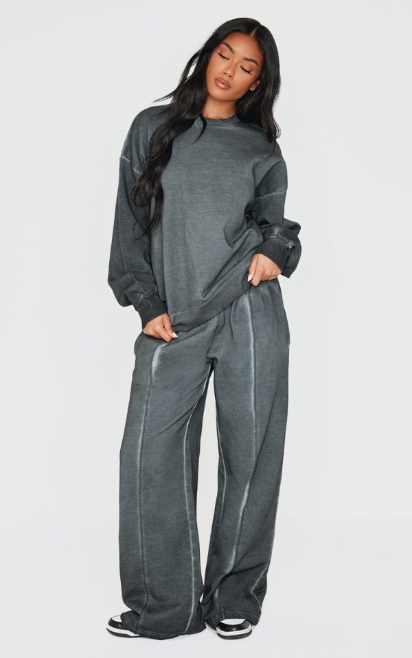 PRETTYLITTLETHING Washed Charcoal Premium Waist Wide Leg Sweatpants