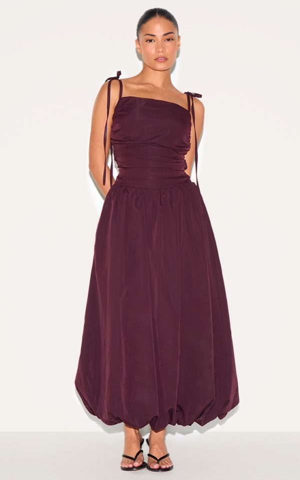 Petite Wine Spaghetti Strap Puff Midi Dress