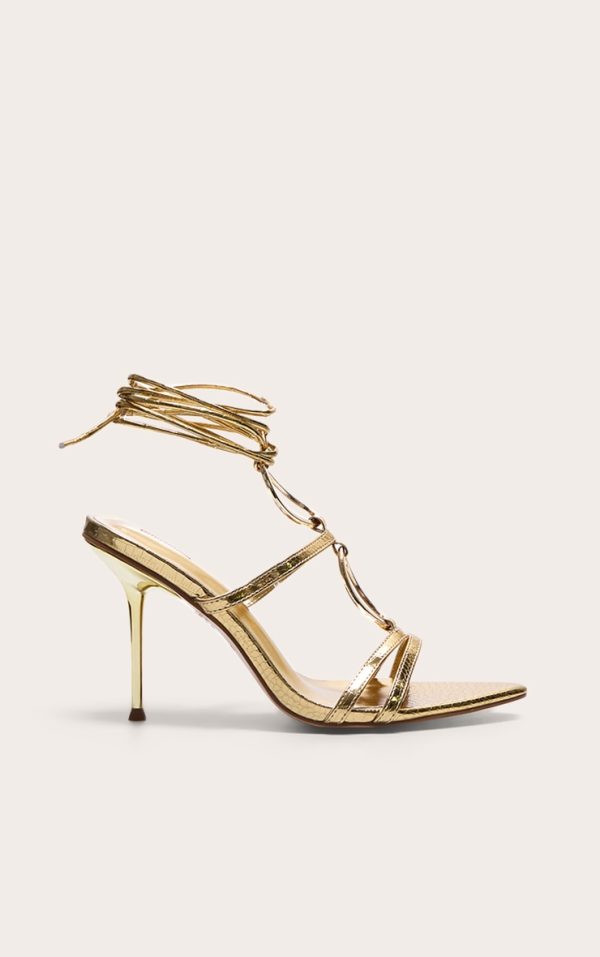 Gold Croc Pu Point Toe Ring Detail Lace Up Heeled Sandals