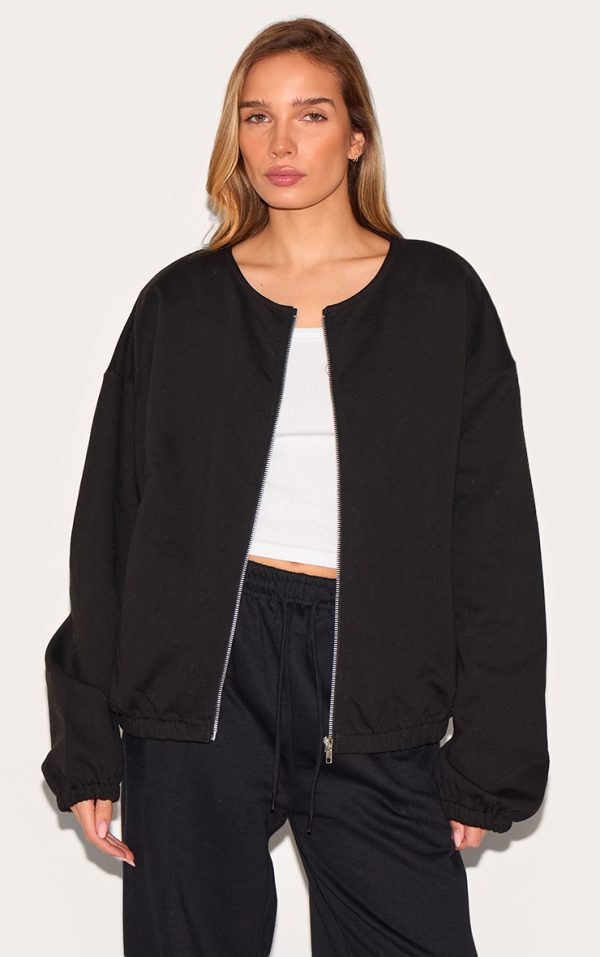 Black Premium Oversized Boxy Collarless Zip Sweat Top