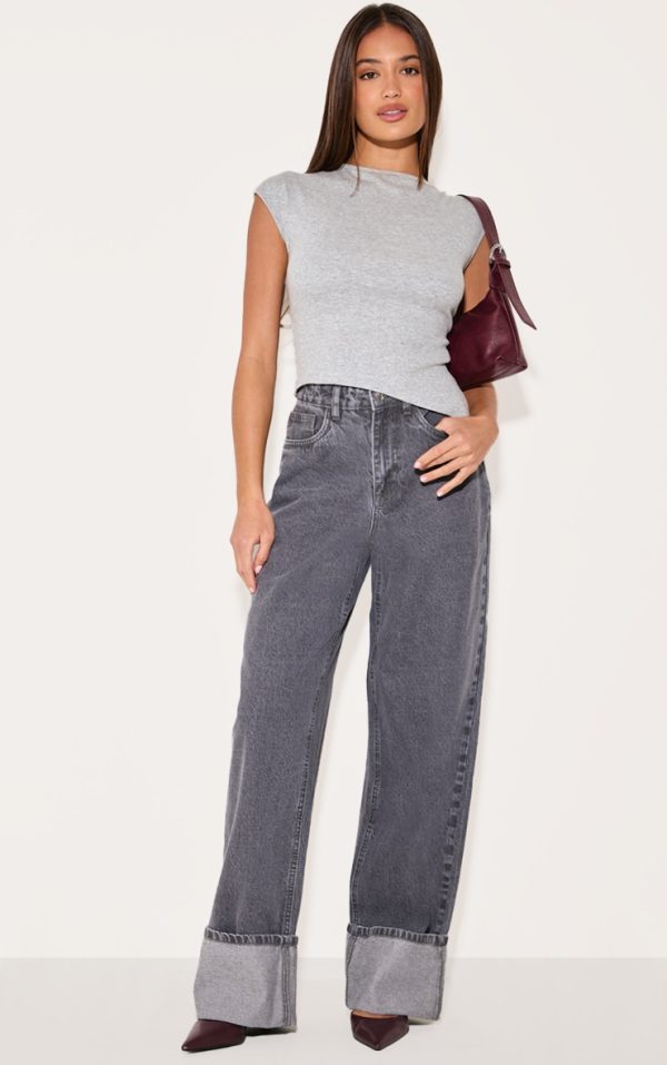 Grey High Waist Turn Up Leg Jeans