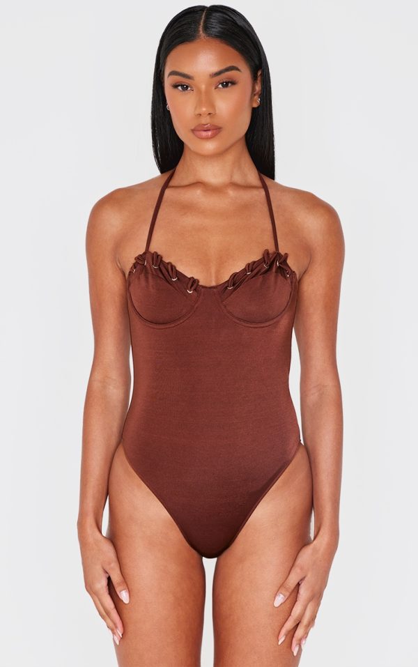 Chocolate Underwired Laced Cup Swimsuit