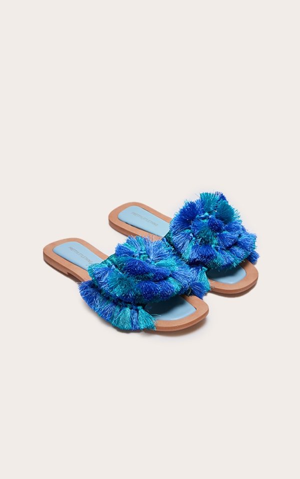 Blue Round Toe Tassel Swirl Strap Flat Mule Sandals