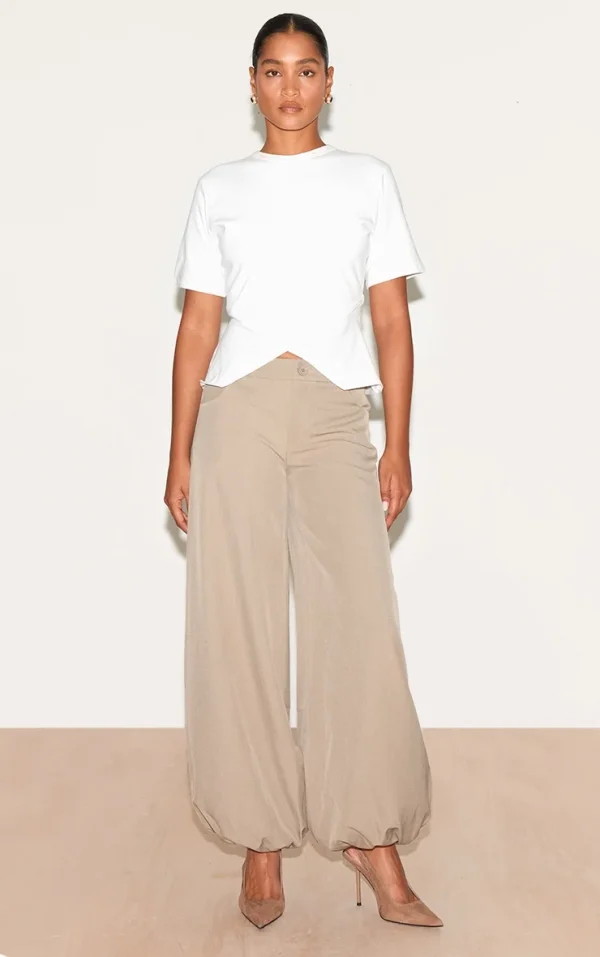 Taupe Woven Puffball Cuffed Pants