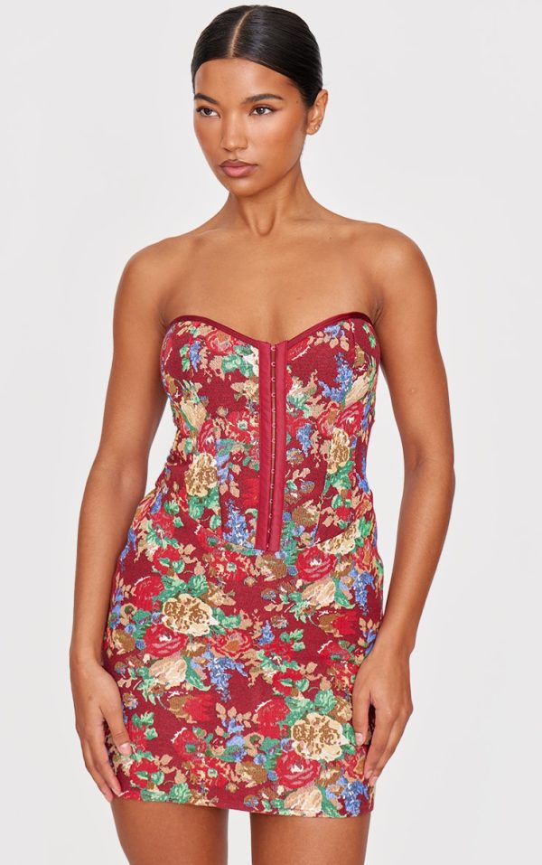 Burgundy Tapestry Bandeau Lace Up Back Bodycon Dress
